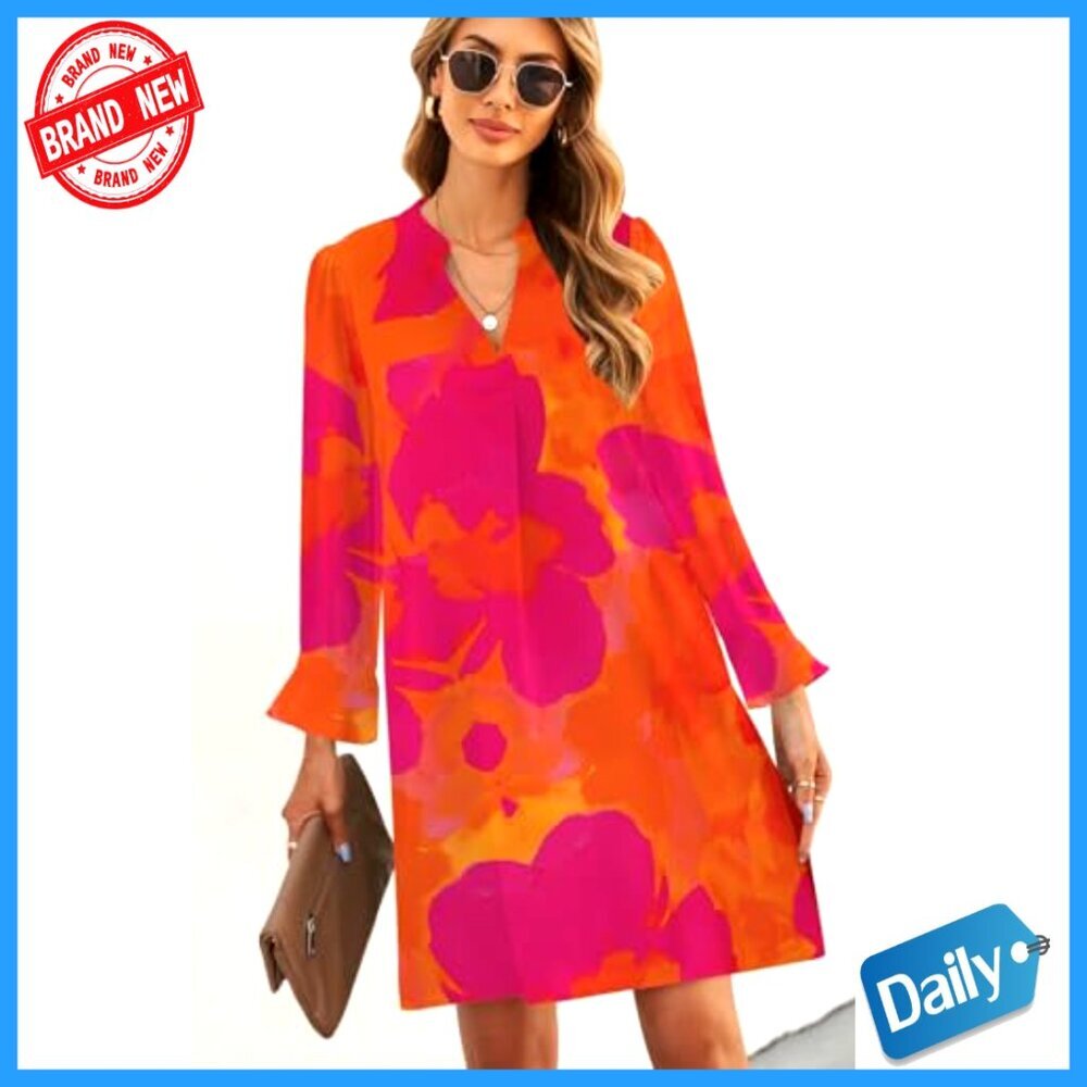 Long Sleeve V-Neck Mini Tunic Dress Loose Fit Polyester Casual - Picture 4 of 7